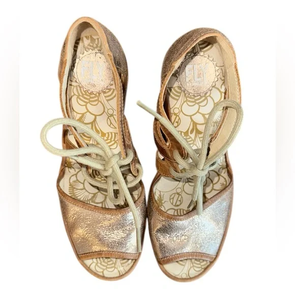 Fly London Gold Wedge Sandals with Lace-Up Design Women’s Size 7.5/8 EU 38 - Picture 6 of 8